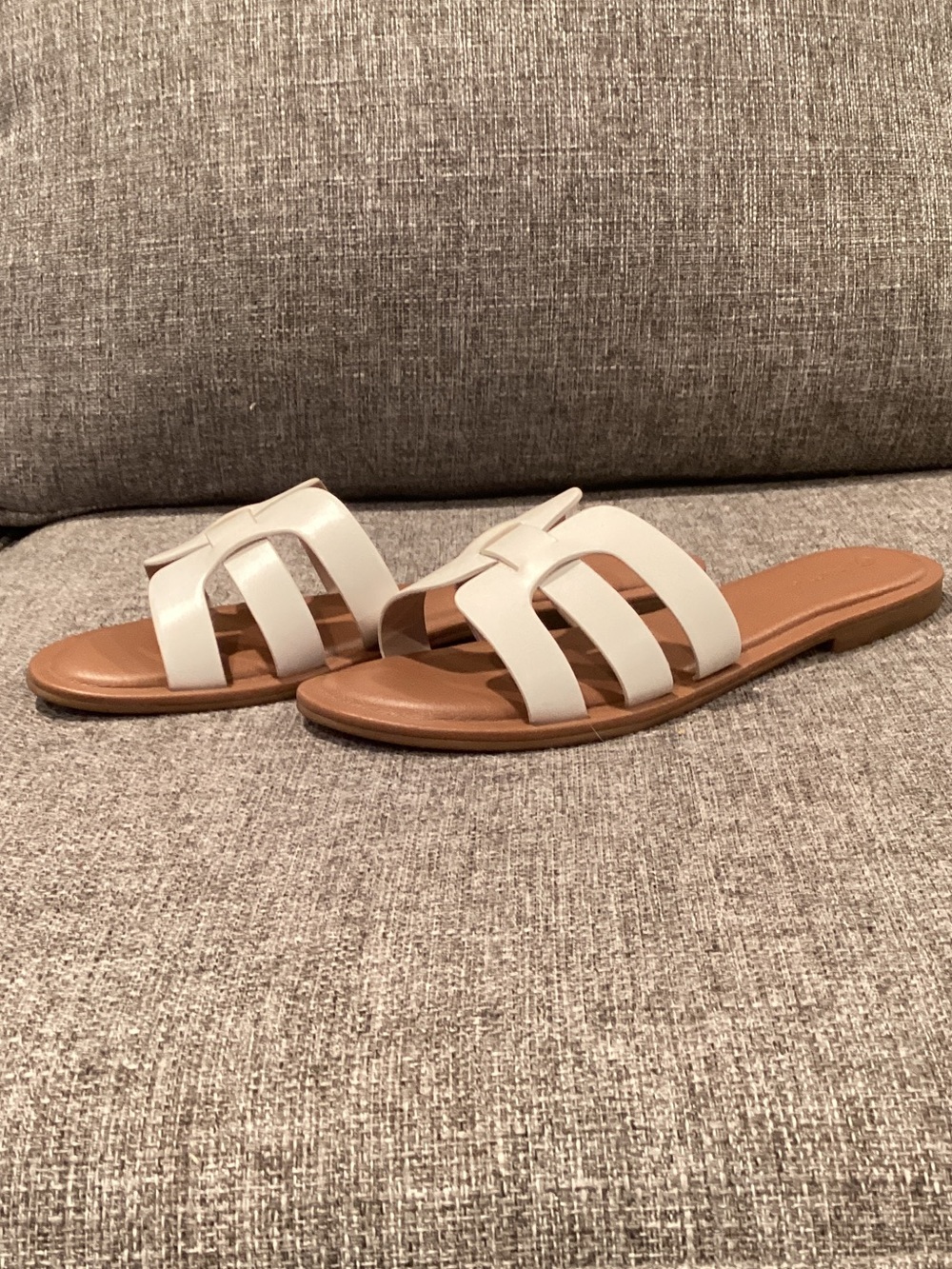 Women's White Slide Sandals with Tan Footbed